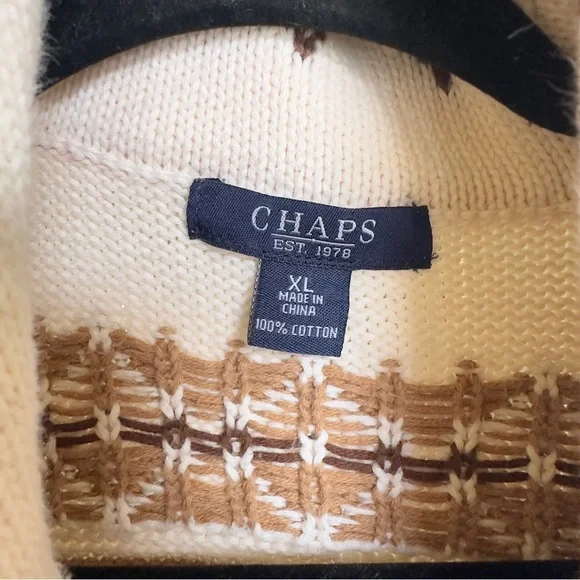 Chaps Fair Isle Cowl Neck Sweater Cream Tan Brown Geometric Knit Nordic Cozy XL - Picture 3 of 5